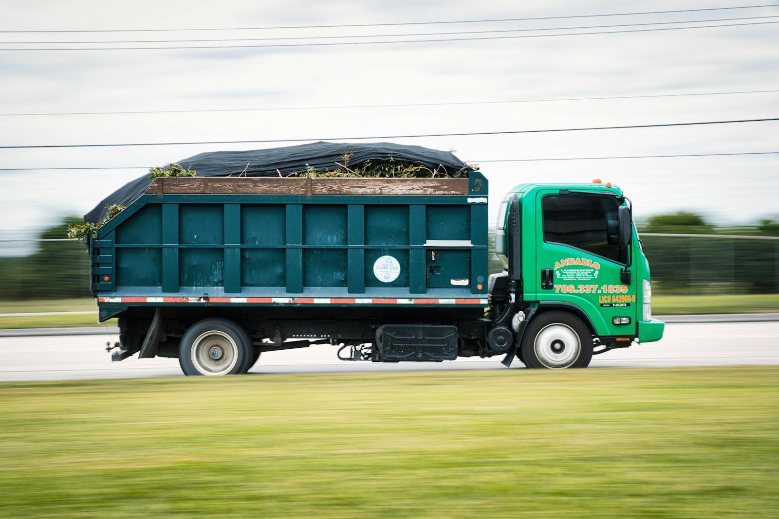 Pickup truck loaded with brush and yard waste after a tree trim and cleanup job.